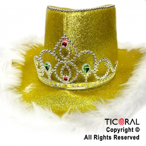 SOMBRERO VAQUERO PRINCESA DORADO CON APLIQUE Y PLUMAS x 1
